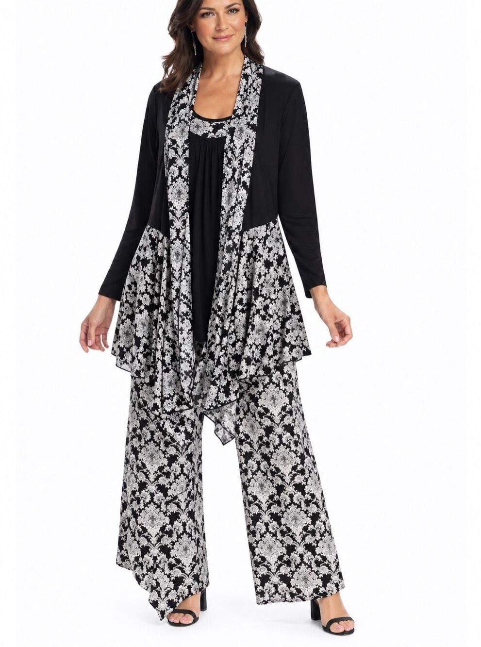 The Pyramid Collection Floral Asymmetric Cardigan boho Black White M NEW